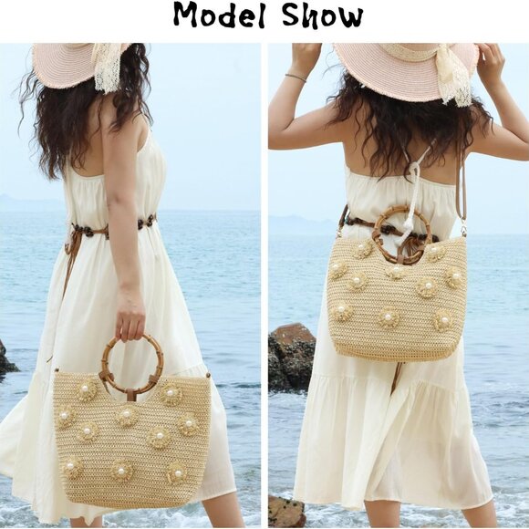Straw Tote Bag Women Summer Beach Handbag with Pearls and Adjustable Strap - Picture 3 of 7